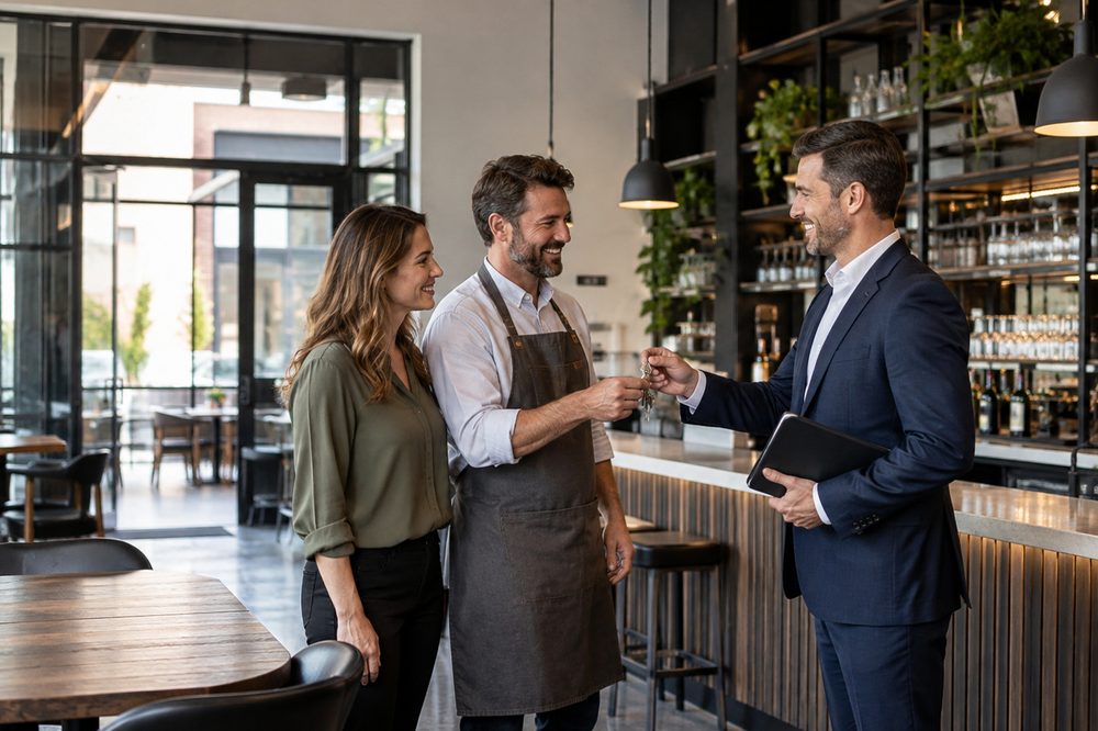 A man in a suit handing keys to a man in an apron, with a woman beside him, in a restaurant