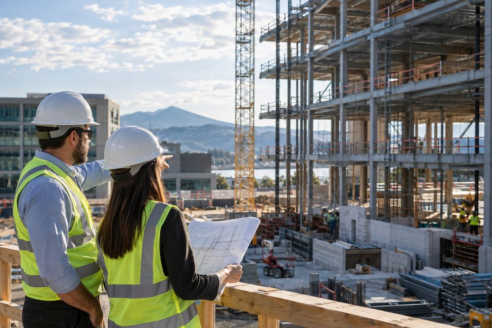 Two people in hard hats and high-visibility vests reading a drawing on a construction site