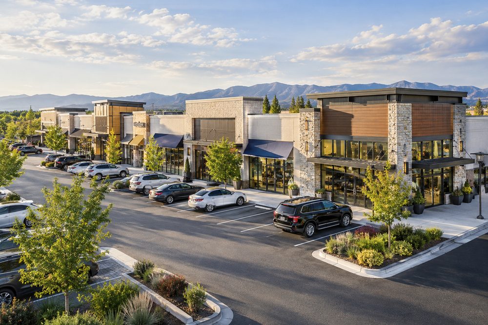 A retail centre seen from its parking court on a clear day
