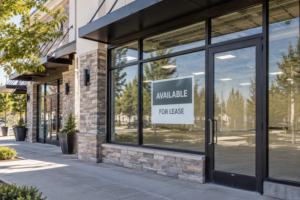 A vacant retail storefront with an Available For Lease sign in the window