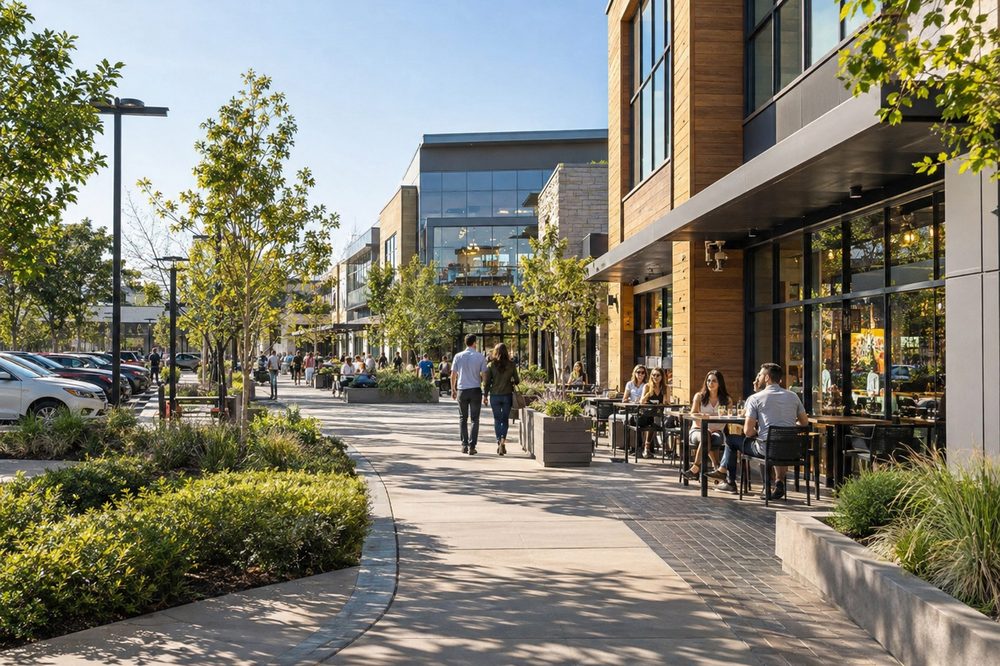 An occupied retail centre with planting, outdoor seating and people walking