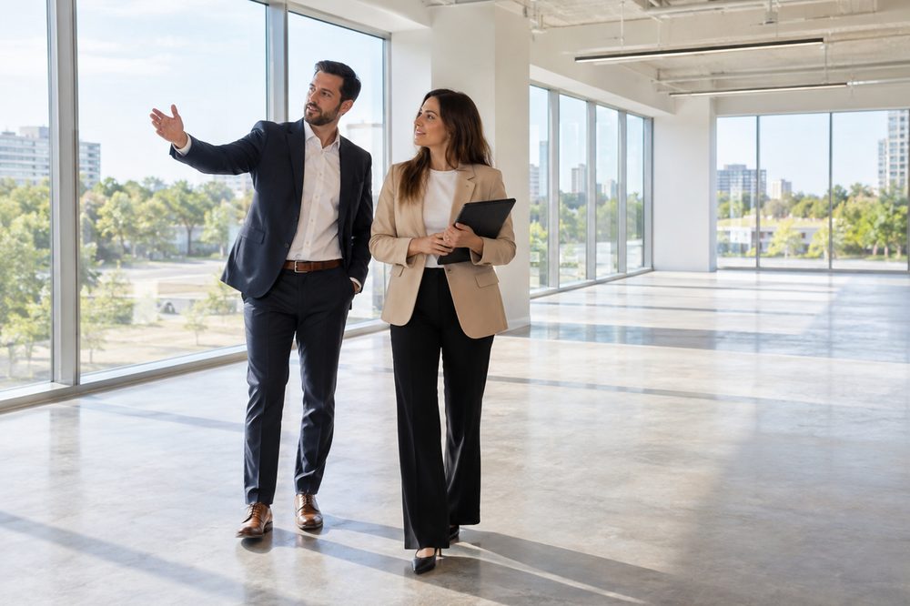 Two people walking through an empty office suite, one gesturing towards the windows